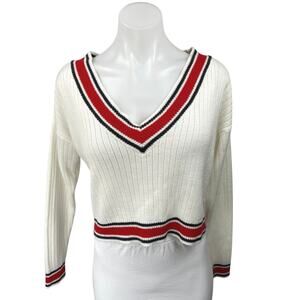 Divided by H&M White Red Long Sleeve Ribbed Knit V Neck Cropped Sweater Top S